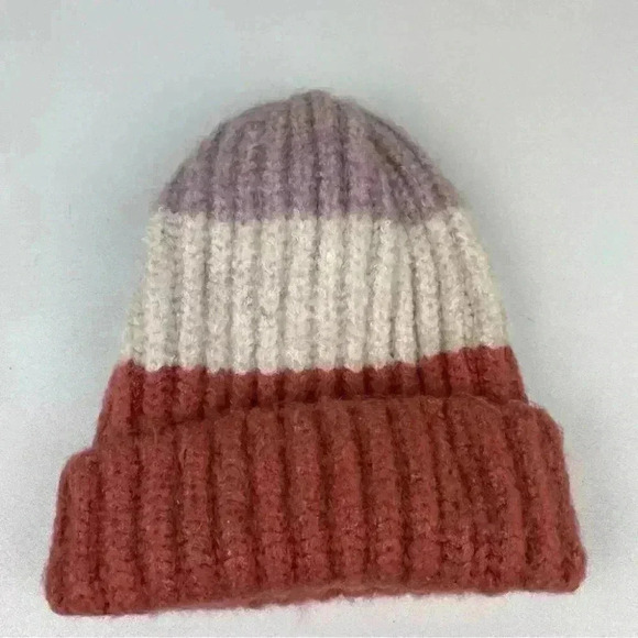 BOUTIQUE Women's OS Chunky Knit Stripe Beanie Sara Winter Hat Orange Cream Purpl - Picture 3 of 10